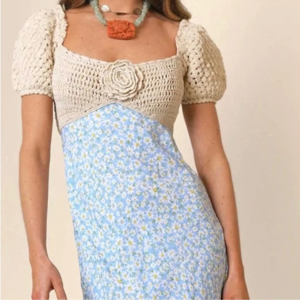 Rixo London Sardinia Crochet Knit Floral Maxi Dress in Cream and Light Blue - Picture 6 of 10